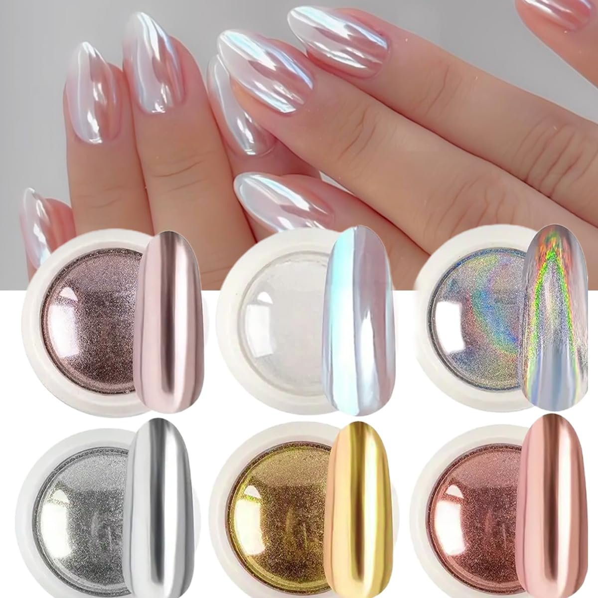 Brtavizvy Chrome Nail Powder Set - 6 Colors Metallic Gold, Silver, Rose Gold, Pink, White Mirror Nail Powder & Holographic Aurora Glitter Pigment for Nail Art Decoration - görsel 3