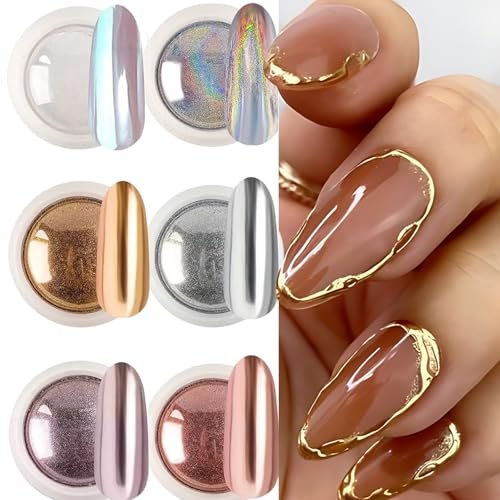 Brtavizvy Chrome Nail Powder Set - 6 Colors Metallic Gold, Silver, Rose Gold, Pink, White Mirror Nail Powder & Holographic Aurora Glitter Pigment for Nail Art Decoration - görsel 2