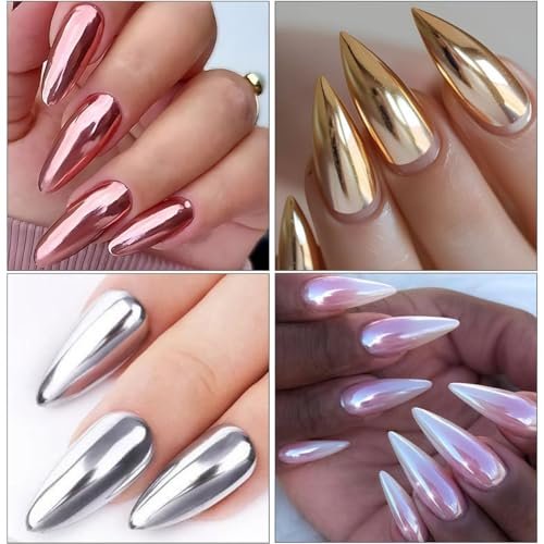 Brtavizvy Chrome Nail Powder Set - 6 Colors Metallic Gold, Silver, Rose Gold, Pink, White Mirror Nail Powder & Holographic Aurora Glitter Pigment for Nail Art Decoration - görsel 16