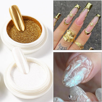 Brtavizvy Chrome Nail Powder Set - 6 Colors Metallic Gold, Silver, Rose Gold, Pink, White Mirror Nail Powder & Holographic Aurora Glitter Pigment for Nail Art Decoration