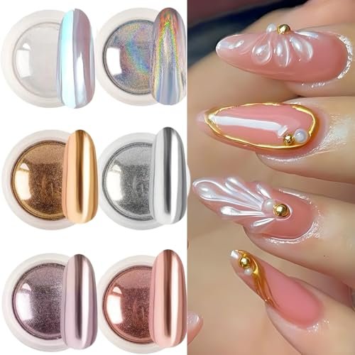 Brtavizvy Chrome Nail Powder Set - 6 Colors Metallic Gold, Silver, Rose Gold, Pink, White Mirror Nail Powder & Holographic Aurora Glitter Pigment for Nail Art Decoration - görsel 14