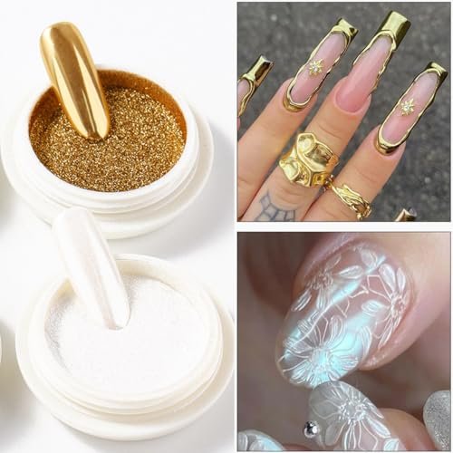 Brtavizvy Chrome Nail Powder Set - 6 Colors Metallic Gold, Silver, Rose Gold, Pink, White Mirror Nail Powder & Holographic Aurora Glitter Pigment for Nail Art Decoration - görsel 10