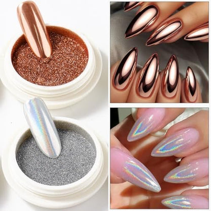 Brtavizvy Chrome Nail Powder Set - 6 Colors Metallic Gold, Silver, Rose Gold, Pink, White Mirror Nail Powder & Holographic Aurora Glitter Pigment for Nail Art Decoration