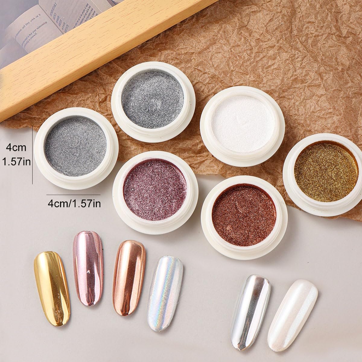 Brtavizvy Chrome Nail Powder Set - 6 Colors Metallic Gold, Silver, Rose Gold, Pink, White Mirror Nail Powder & Holographic Aurora Glitter Pigment for Nail Art Decoration - görsel 17