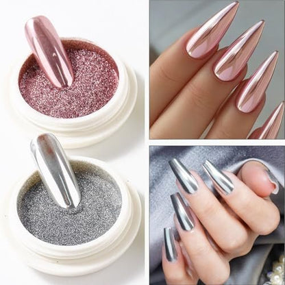 Brtavizvy Chrome Nail Powder Set - 6 Colors Metallic Gold, Silver, Rose Gold, Pink, White Mirror Nail Powder & Holographic Aurora Glitter Pigment for Nail Art Decoration