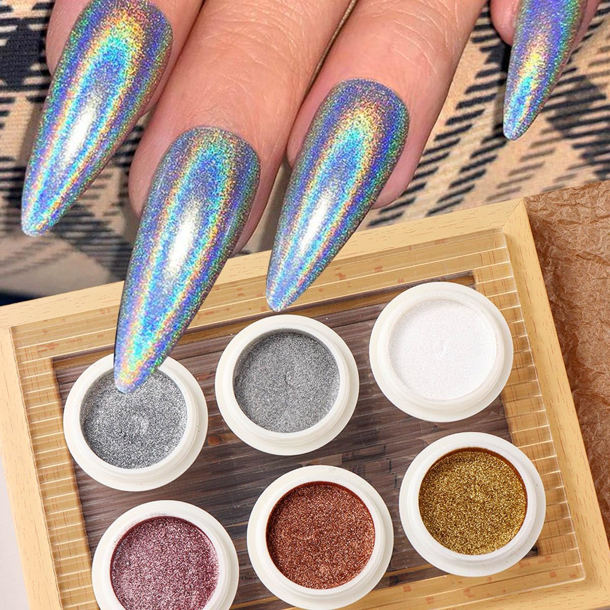 Brtavizvy Chrome Nail Powder Set - 6 Colors Metallic Gold, Silver, Rose Gold, Pink, White Mirror Nail Powder & Holographic Aurora Glitter Pigment for Nail Art Decoration - görsel 11