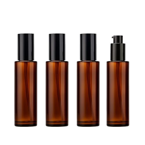 4-Pack 60ml Amber Glass Lotion Pump Bottles – Refillable Travel Size Containers for Liquid Soap, Shampoo, Conditioner, Serum