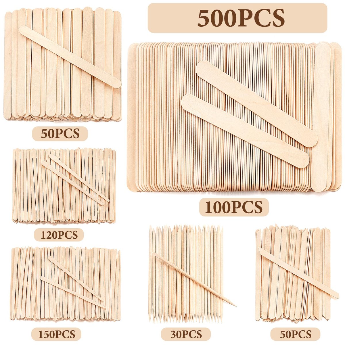 EWVVSS 6 Style 500 Pcs Wax Sticks – Assorted Wood Applicator Sticks for Body, Legs, Face – Small, Medium, Large Sizes – Waxing or Craft Popsicle Sticks - görsel 5