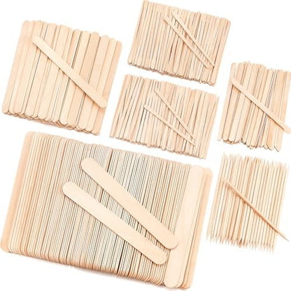 EWVVSS 6 Style 500 Pcs Wax Sticks – Assorted Wood Applicator Sticks for Body, Legs, Face – Small, Medium, Large Sizes – Waxing or Craft Popsicle Sticks