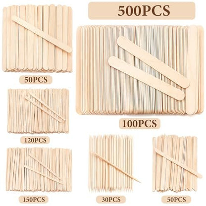 EWVVSS 6 Style 500 Pcs Wax Sticks – Assorted Wood Applicator Sticks for Body, Legs, Face – Small, Medium, Large Sizes – Waxing or Craft Popsicle Sticks