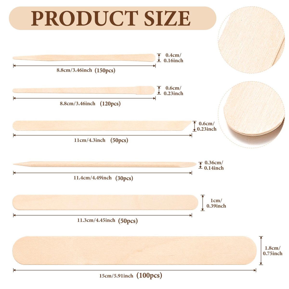 EWVVSS 6 Style 500 Pcs Wax Sticks – Assorted Wood Applicator Sticks for Body, Legs, Face – Small, Medium, Large Sizes – Waxing or Craft Popsicle Sticks - görsel 3