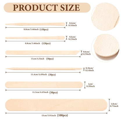 EWVVSS 6 Style 500 Pcs Wax Sticks – Assorted Wood Applicator Sticks for Body, Legs, Face – Small, Medium, Large Sizes – Waxing or Craft Popsicle Sticks