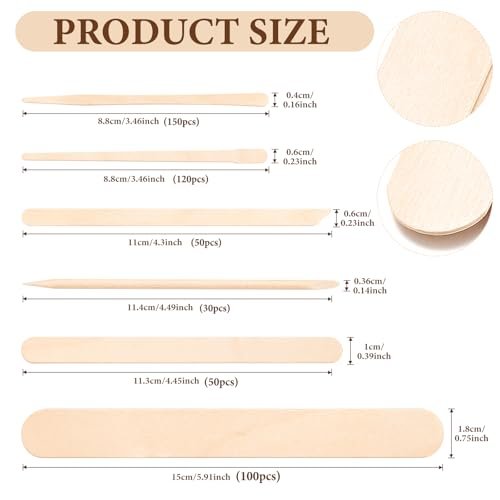 EWVVSS 6 Style 500 Pcs Wax Sticks – Assorted Wood Applicator Sticks for Body, Legs, Face – Small, Medium, Large Sizes – Waxing or Craft Popsicle Sticks - görsel 4