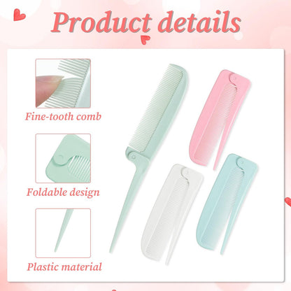 4 Pcs Rat Tail Folding Combs - Portable Travel Foldable Hair Parting Comb for Men & Women - Mini Carbon Fiber Styling Combs for Braids & Hair Styling
