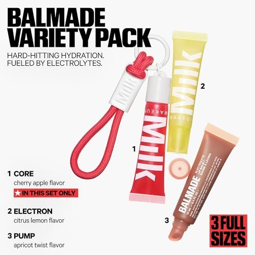 Milk Makeup Balmade Hydrating Lip Balm 3-Pack Gift Set – Sheer-Tinted, High Shine Glosses with Exclusive Keychain – Electron, Pump & Core Avelisse