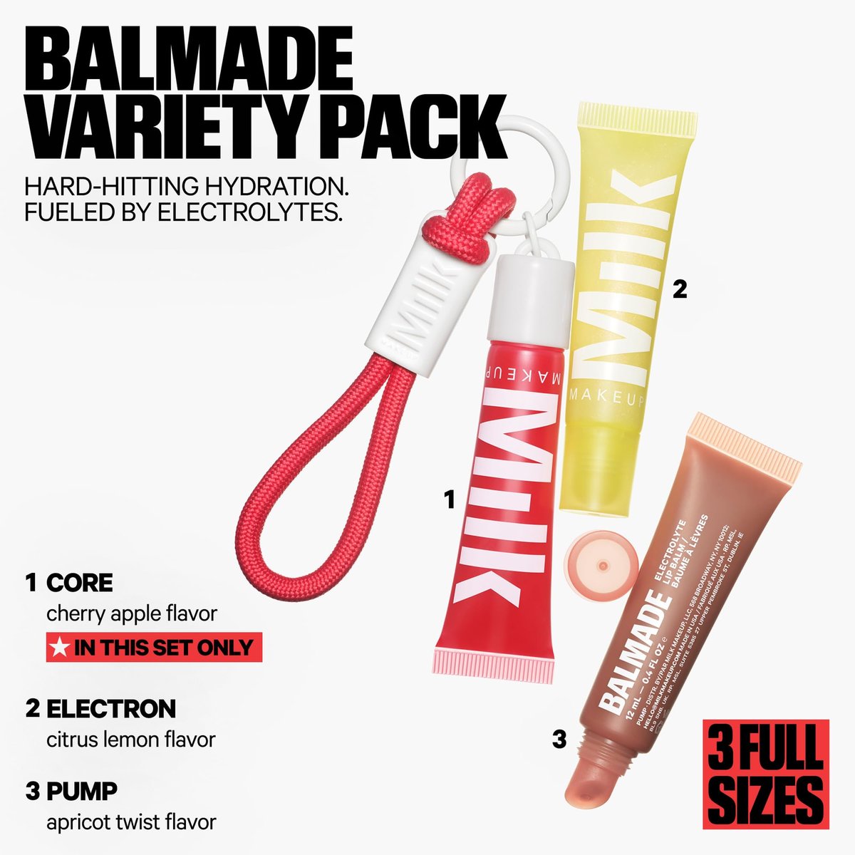 Milk Makeup Balmade Hydrating Lip Balm 3-Pack Gift Set – Sheer-Tinted, High Shine Glosses with Exclusive Keychain – Electron, Pump & Core Avelisse