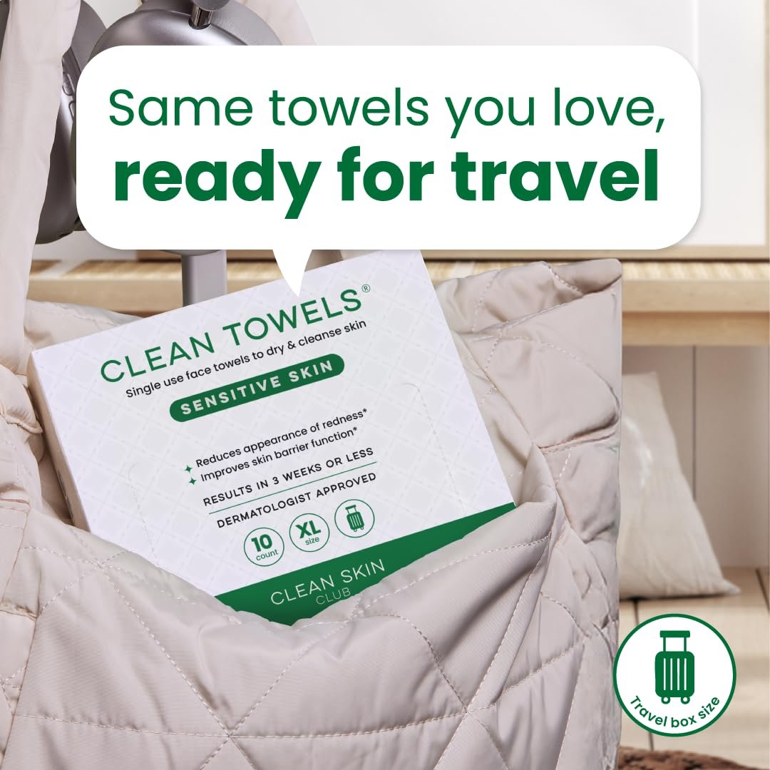 Clean Skin Club Clean Towels® XL Sensitive Skin - Travel Pack, Ultra-Soft Disposable Face Towels Infused with Aloe & Glycerin, TSA-Approved, 10 Count - görsel 13