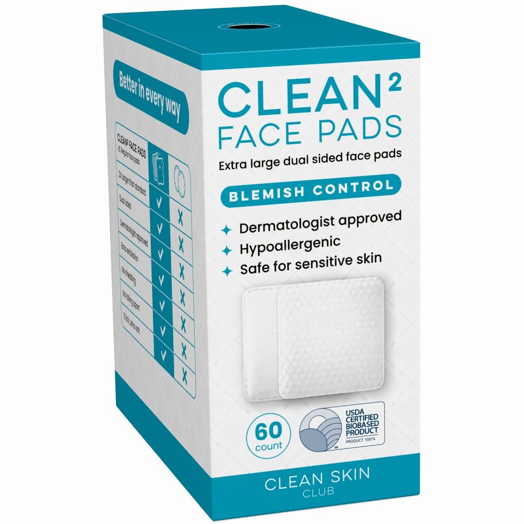 Clean Skin Club Clean² Blemish Control Face Pads – Extra Large Dual-Sided Cotton Pads for Blemish-Prone Skin, 100% Bio-Based, Dermatologist Approved, 60 Count - görsel 1