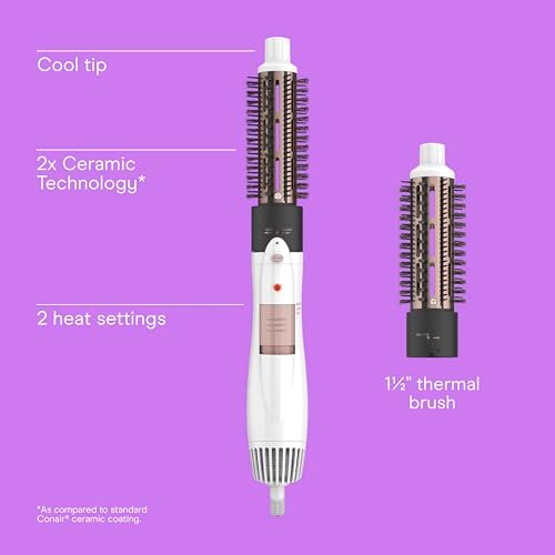 Conair Double Ceramic 2-in-1 Hot Air Brush - 1000W Hair Dryer Brush with Interchangeable 1¼ and 1½ Inch Attachments for Voluminous Curls & Straight Styles, for Fine & Thick Hair, White Avelisse