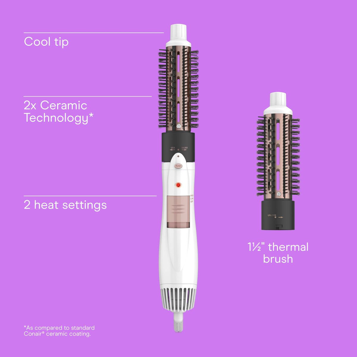 Conair Double Ceramic 2-in-1 Hot Air Brush - 1000W Hair Dryer Brush with Interchangeable 1¼ and 1½ Inch Attachments for Voluminous Curls & Straight Styles, for Fine & Thick Hair, White Avelisse