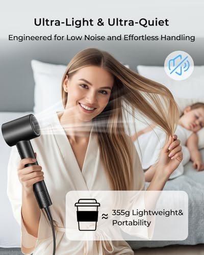 High Speed Ionic Hair Dryer with 160,000 RPM Brushless Motor, 500M Negative Ions, Smart Heat Control, Low Noise Lightweight with Magnetic Diffuser & Nozzle - Black Avelisse