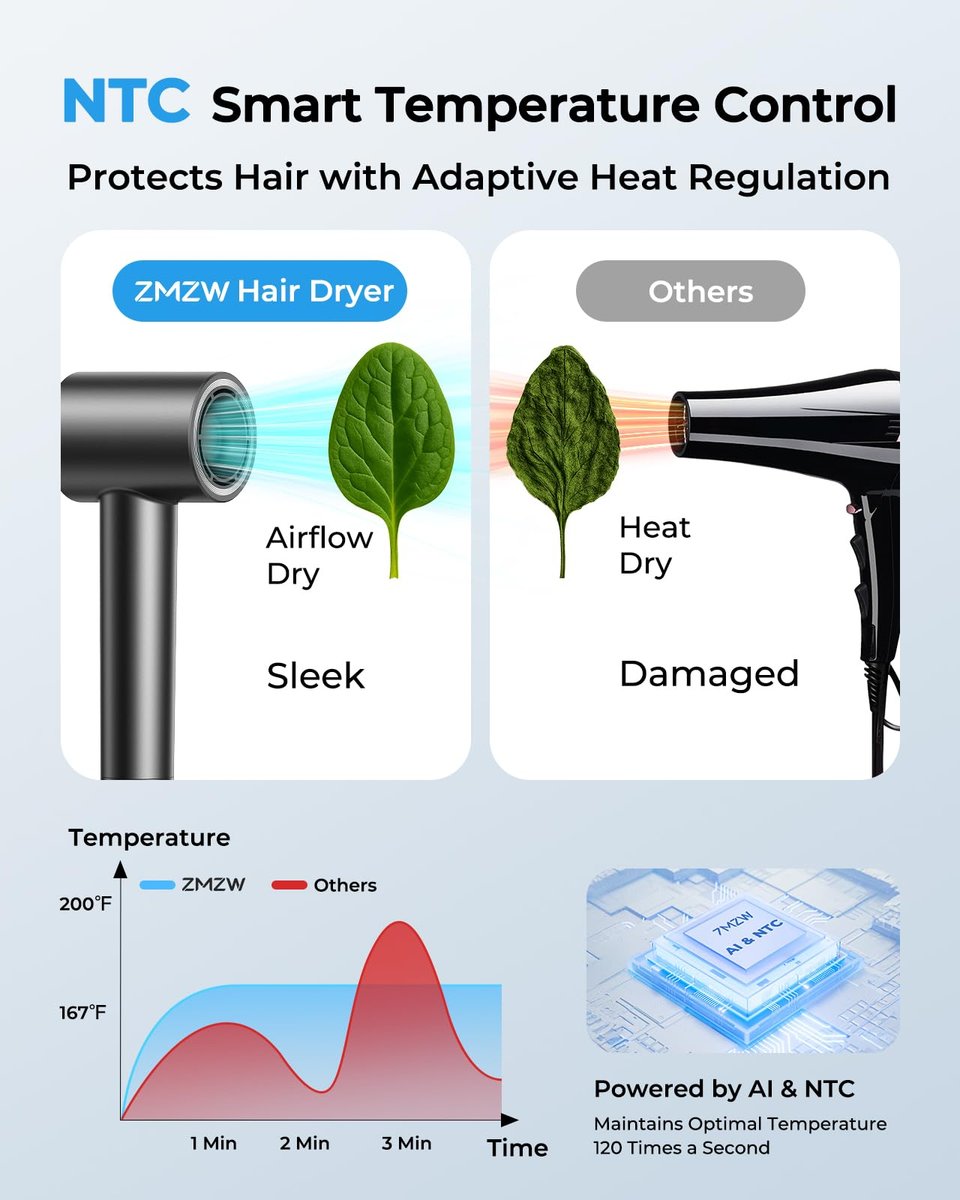 High Speed Ionic Hair Dryer with 160,000 RPM Brushless Motor, 500M Negative Ions, Smart Heat Control, Low Noise Lightweight with Magnetic Diffuser & Nozzle - Black Avelisse