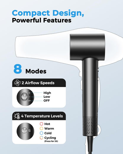 High Speed Ionic Hair Dryer with 160,000 RPM Brushless Motor, 500M Negative Ions, Smart Heat Control, Low Noise Lightweight with Magnetic Diffuser & Nozzle - Black Avelisse
