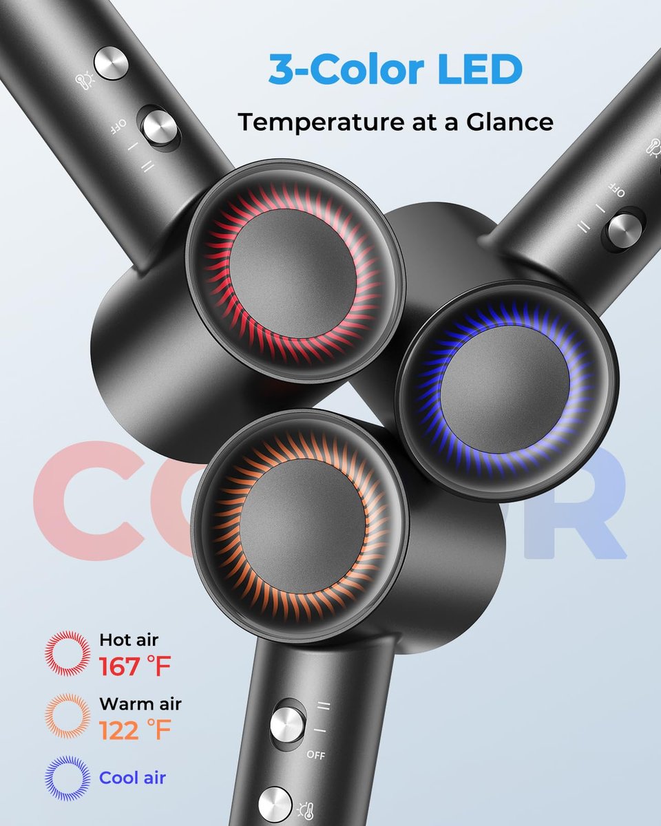 High Speed Ionic Hair Dryer with 160,000 RPM Brushless Motor, 500M Negative Ions, Smart Heat Control, Low Noise Lightweight with Magnetic Diffuser & Nozzle - Black Avelisse