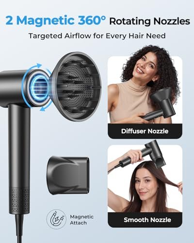 High Speed Ionic Hair Dryer with 160,000 RPM Brushless Motor, 500M Negative Ions, Smart Heat Control, Low Noise Lightweight with Magnetic Diffuser & Nozzle - Black Avelisse