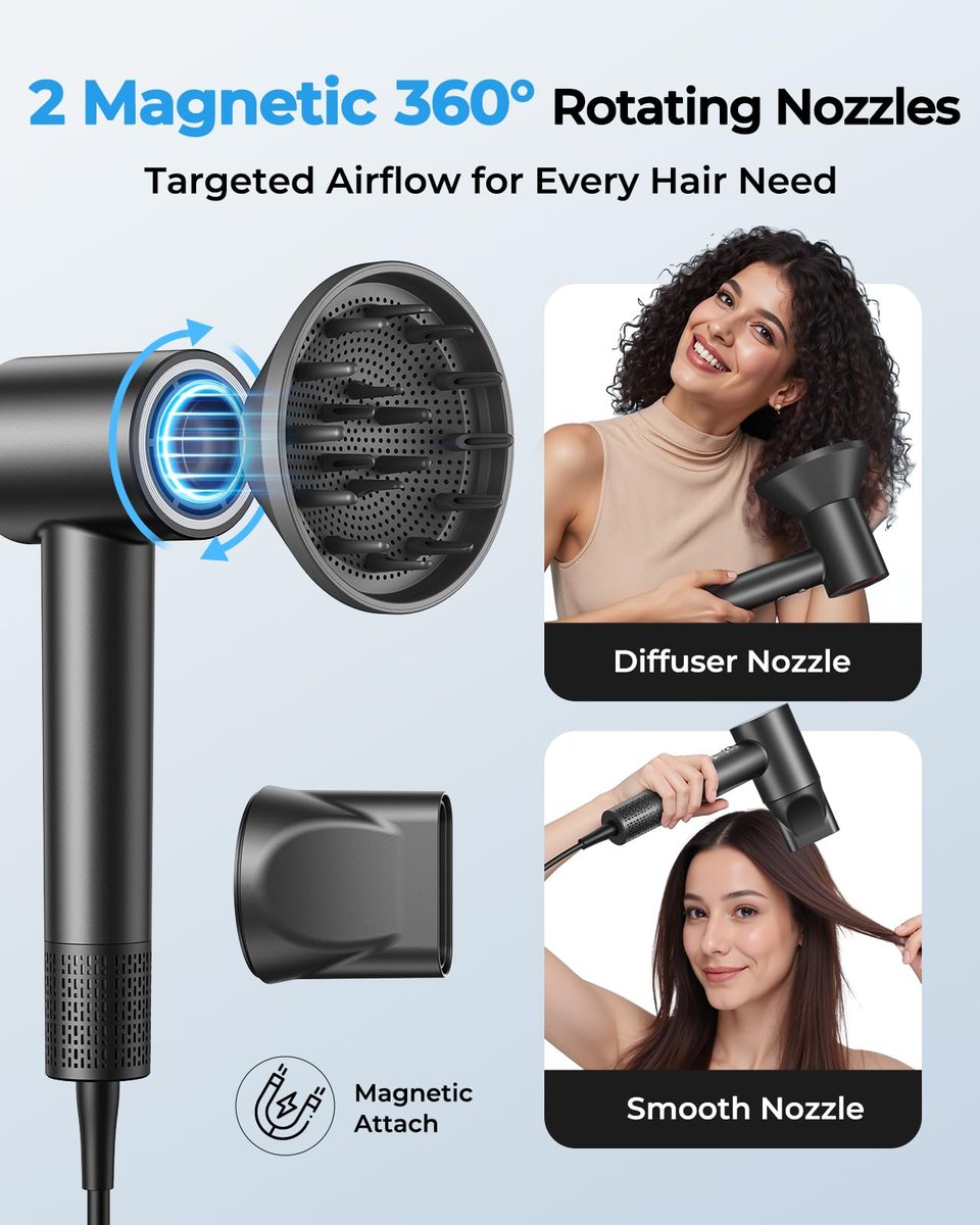 High Speed Ionic Hair Dryer with 160,000 RPM Brushless Motor, 500M Negative Ions, Smart Heat Control, Low Noise Lightweight with Magnetic Diffuser & Nozzle - Black Avelisse