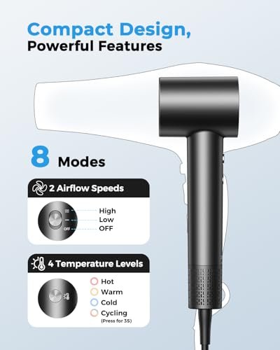 High Speed Ionic Hair Dryer with 160,000 RPM Brushless Motor, 500M Negative Ions, Smart Heat Control, Low Noise Lightweight with Magnetic Diffuser & Nozzle - Black Avelisse