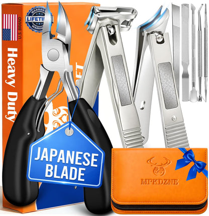 8-in-1 Heavy Duty Toenail & Fingernail Clippers for Seniors, Men with Thick & Ingrown Nails - Professional Wide Jaw Podiatrist Tools with 360° Swivel Head - Black Stainless Steel Avelisse