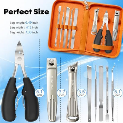 8-in-1 Heavy Duty Toenail & Fingernail Clippers for Seniors, Men with Thick & Ingrown Nails - Professional Wide Jaw Podiatrist Tools with 360° Swivel Head - Black Stainless Steel Avelisse