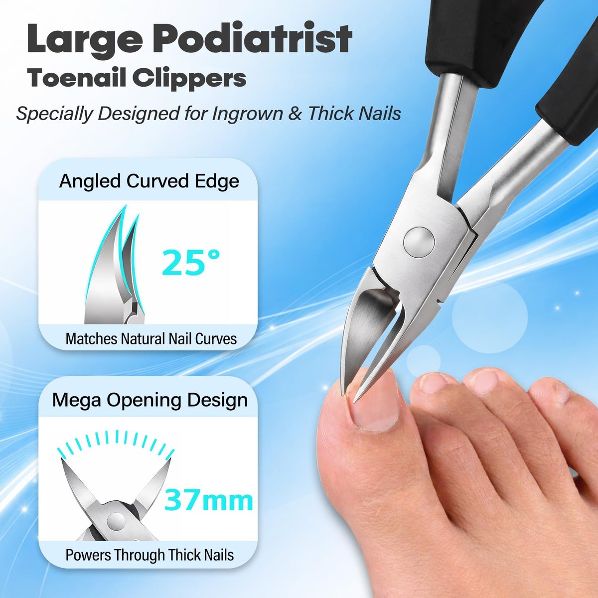 8-in-1 Heavy Duty Toenail & Fingernail Clippers for Seniors, Men with Thick & Ingrown Nails - Professional Wide Jaw Podiatrist Tools with 360° Swivel Head - Black Stainless Steel Avelisse