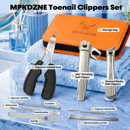 8-in-1 Heavy Duty Toenail & Fingernail Clippers for Seniors, Men with Thick & Ingrown Nails - Professional Wide Jaw Podiatrist Tools with 360° Swivel Head - Black Stainless Steel Avelisse