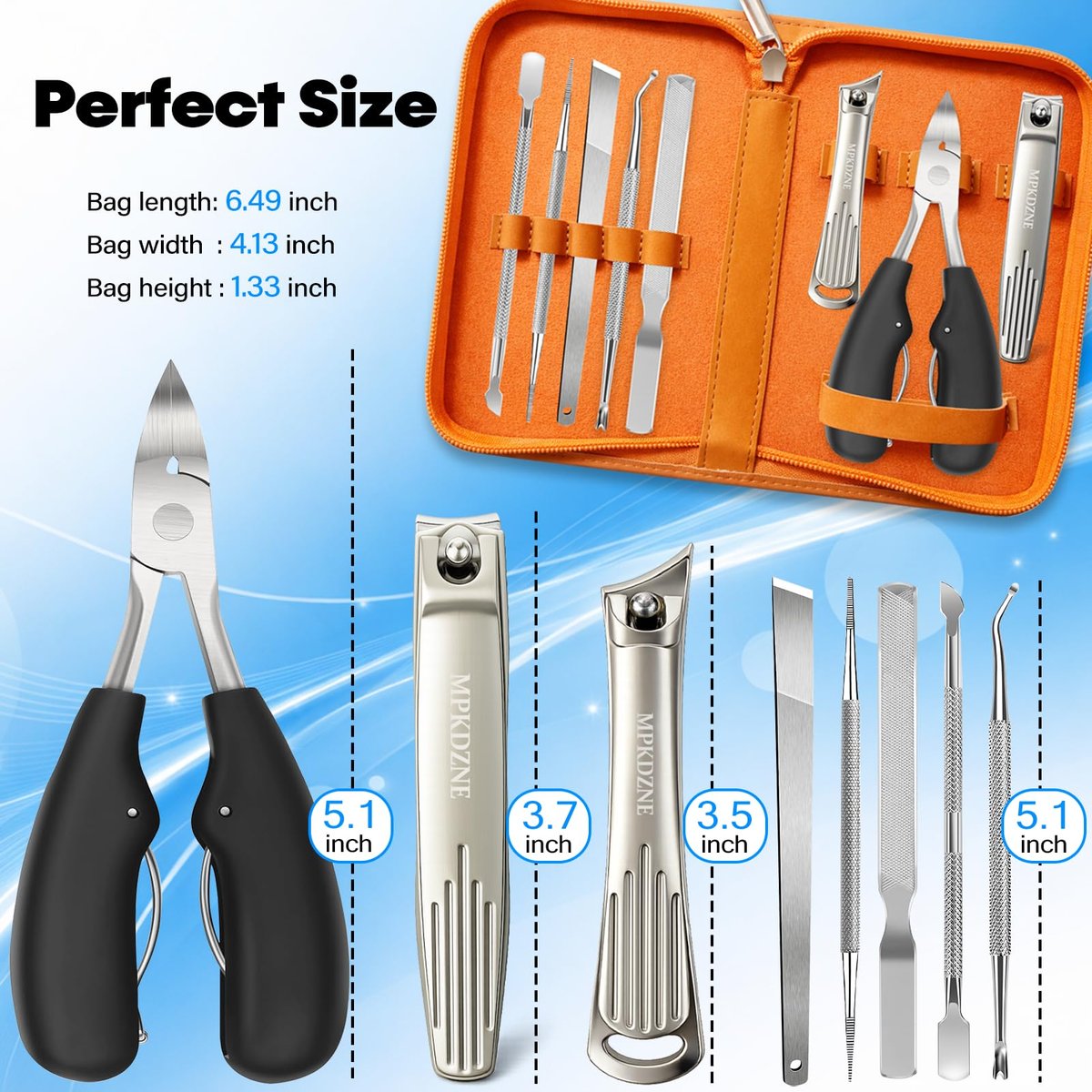 8-in-1 Heavy Duty Toenail & Fingernail Clippers for Seniors, Men with Thick & Ingrown Nails - Professional Wide Jaw Podiatrist Tools with 360° Swivel Head - Black Stainless Steel Avelisse