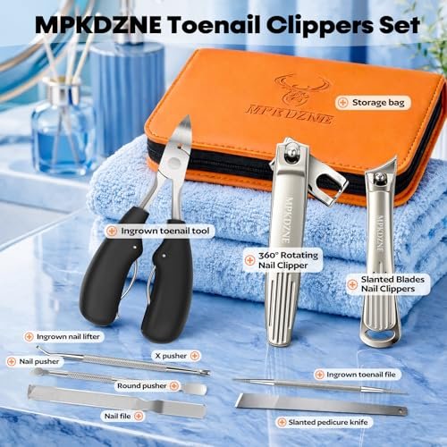 8-in-1 Heavy Duty Toenail & Fingernail Clippers for Seniors, Men with Thick & Ingrown Nails - Professional Wide Jaw Podiatrist Tools with 360° Swivel Head - Black Stainless Steel Avelisse