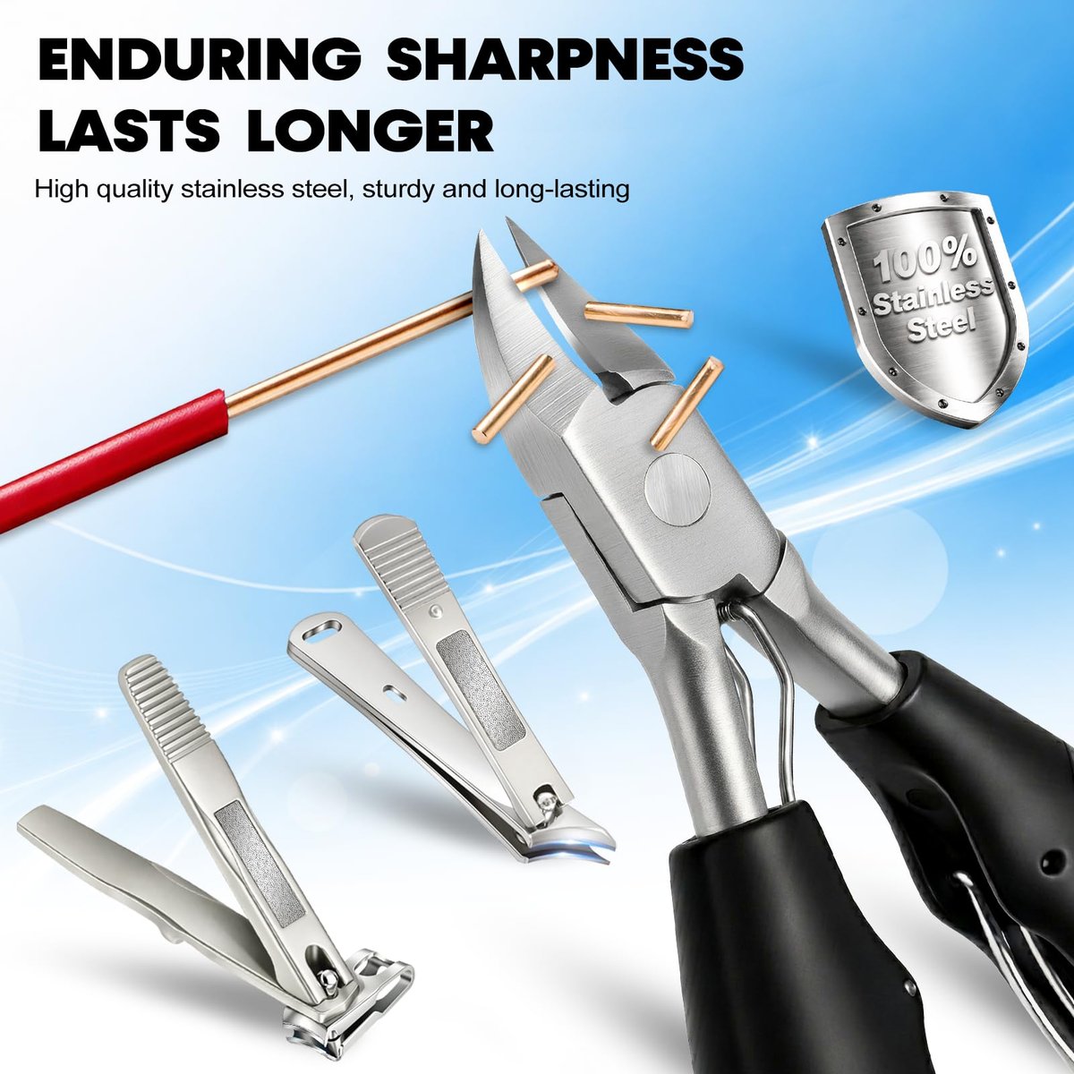 8-in-1 Heavy Duty Toenail & Fingernail Clippers for Seniors, Men with Thick & Ingrown Nails - Professional Wide Jaw Podiatrist Tools with 360° Swivel Head - Black Stainless Steel Avelisse