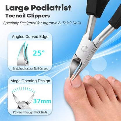 8-in-1 Heavy Duty Toenail & Fingernail Clippers for Seniors, Men with Thick & Ingrown Nails - Professional Wide Jaw Podiatrist Tools with 360° Swivel Head - Black Stainless Steel Avelisse