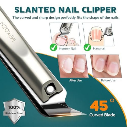 Pro 5-in-1 Nail Clippers Set for Men & Women - Ultra Sharp Stainless Steel Manicure Kit with Angled Trimmer in Luxury Leather Case for Travel & Home