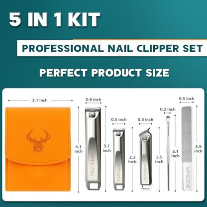 Pro 5-in-1 Nail Clippers Set for Men & Women - Ultra Sharp Stainless Steel Manicure Kit with Angled Trimmer in Luxury Leather Case for Travel & Home