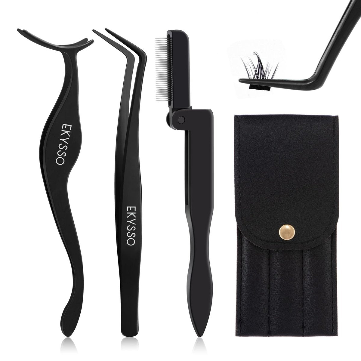 EKYSSO 3-in-1 Lash Cluster Tweezers Set with Case, Professional Stainless Steel DIY Eyelash Extension Tools for Individual Clusters – Black - görsel 1