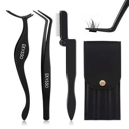 EKYSSO 3-in-1 Lash Cluster Tweezers Set with Case, Professional Stainless Steel DIY Eyelash Extension Tools for Individual Clusters – Black