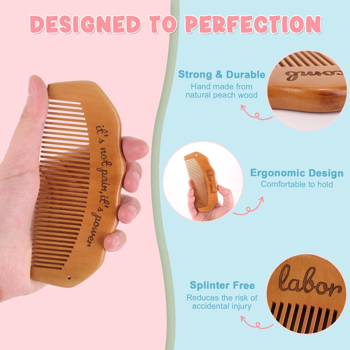 Birthing Comb for Labor Pain Relief – Acupressure Tool for Natural Pain Management, Postpartum & Hospital Bag Essential, Peach Wood - görsel 5