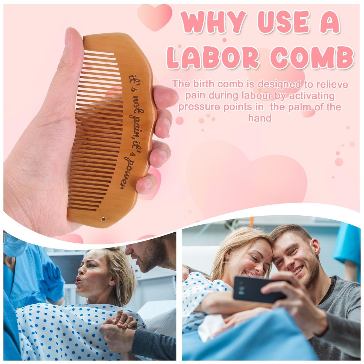 Birthing Comb for Labor Pain Relief – Acupressure Tool for Natural Pain Management, Postpartum & Hospital Bag Essential, Peach Wood - görsel 7