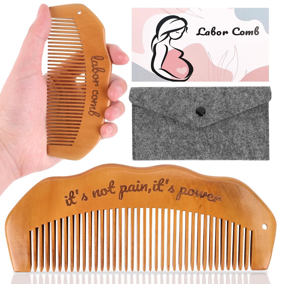 Birthing Comb for Labor Pain Relief – Acupressure Tool for Natural Pain Management, Postpartum & Hospital Bag Essential, Peach Wood - görsel 1