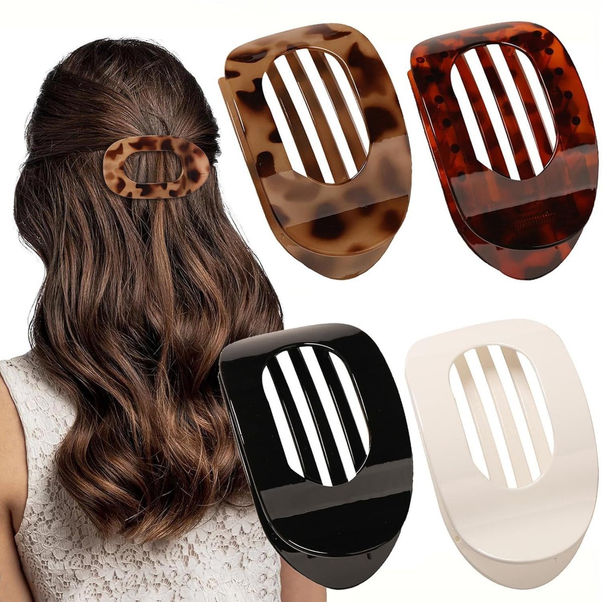 Hailoyearn Flat Hair Clips for Women - Solid Color Lay Flat Claw Clips for Thick/Thin Hair, Casual Versatile Hair Clip (Brown, White, 18 Count Pack of 4) - görsel 1