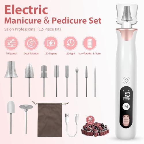 Haootadiy Cordless Electric Nail Drill File - Professional Rechargeable Nail Filer Buffer Set for Manicure Pedicure with Bits & Sanding Bands, for Women & Men Avelisse
