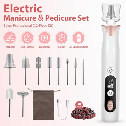 Haootadiy Cordless Electric Nail Drill File - Professional Rechargeable Nail Filer Buffer Set for Manicure Pedicure with Bits & Sanding Bands, for Women & Men Avelisse