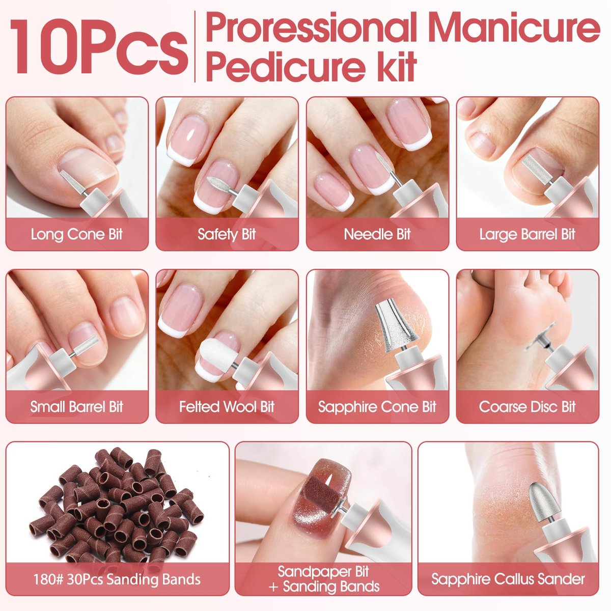 Haootadiy Cordless Electric Nail Drill File - Professional Rechargeable Nail Filer Buffer Set for Manicure Pedicure with Bits & Sanding Bands, for Women & Men Avelisse